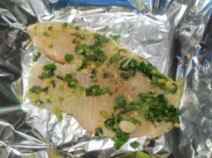 Put marinaded fish on aluminum "boat" and cook on preheated 400 degree grill or oven and cook 5-8 mins or until fish "flakes" off when separated with fork.  **When I grilled this I did NOT flip it over**
